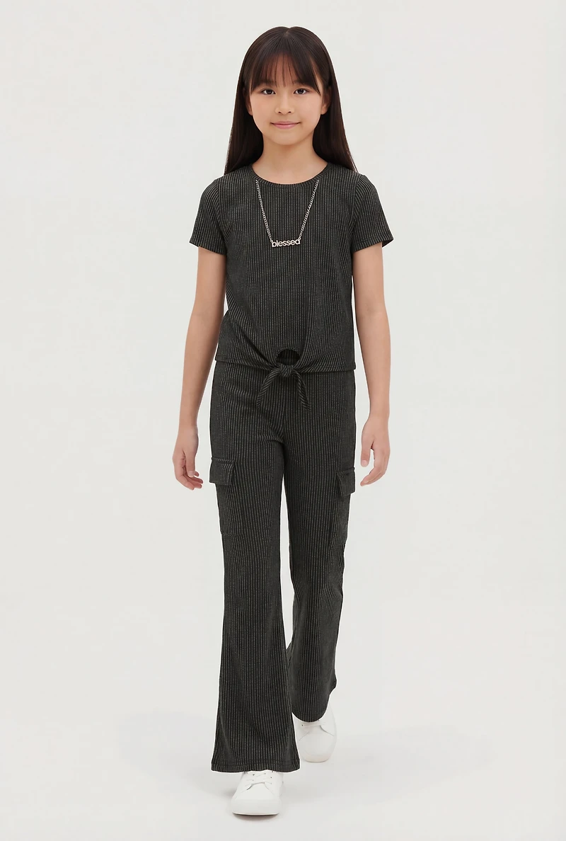 Girls Tie Front Tee with Blessed Necklace and Flare Pants