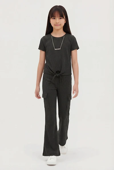 Girls Tie Front Tee with Blessed Necklace and Flare Pants