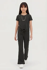 Girls Tie Front Tee with Blessed Necklace and Flare Pants