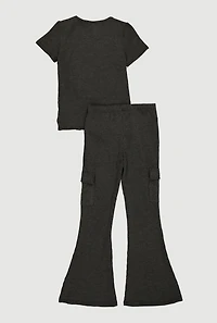 Girls Tie Front Tee with Blessed Necklace and Flare Pants