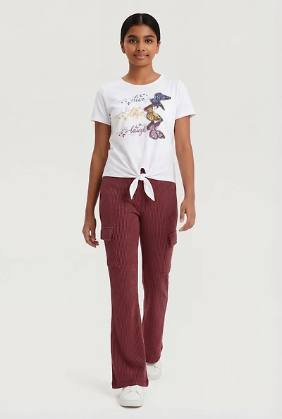 Girls Live Love Laugh Graphic Tee and Cargo Flare Pants