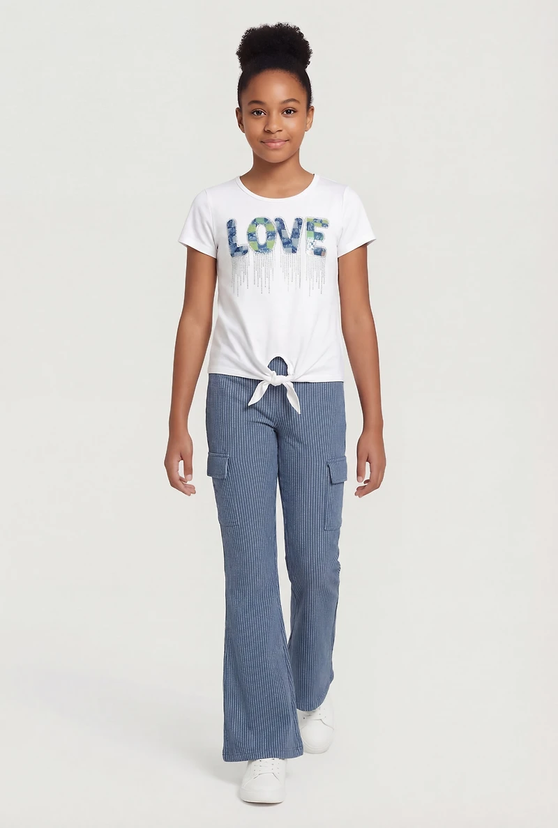 Girls Rhinestone Love Tie Front Tee and Cargo Flare Pants
