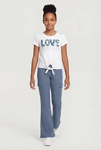 Girls Rhinestone Love Tie Front Tee and Cargo Flare Pants