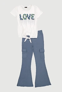 Girls Rhinestone Love Tie Front Tee and Cargo Flare Pants