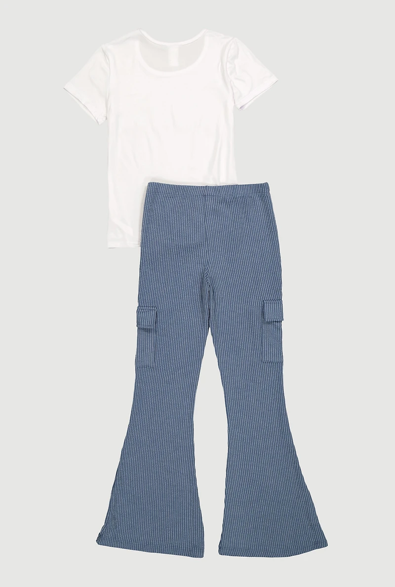 Girls Rhinestone Love Tie Front Tee and Cargo Flare Pants