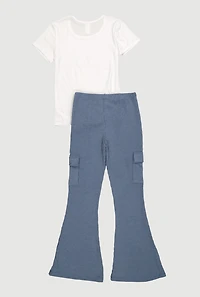 Girls Rhinestone Love Tie Front Tee and Cargo Flare Pants