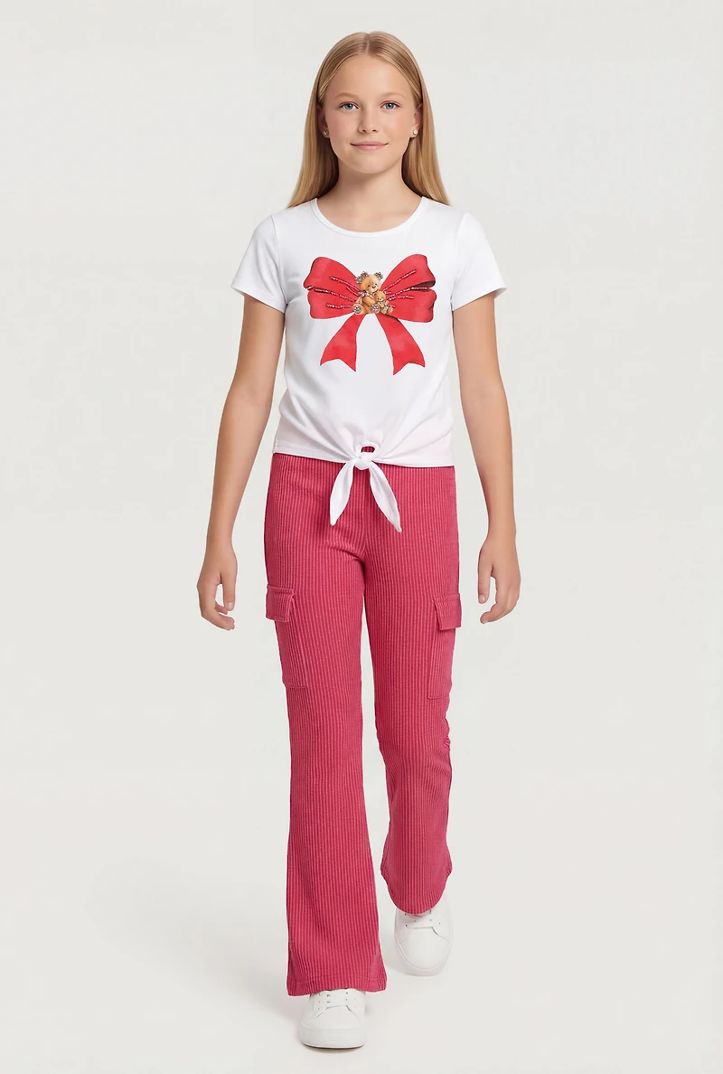 Girls Bear Bow Graphic Tee and Cargo Flare Pants