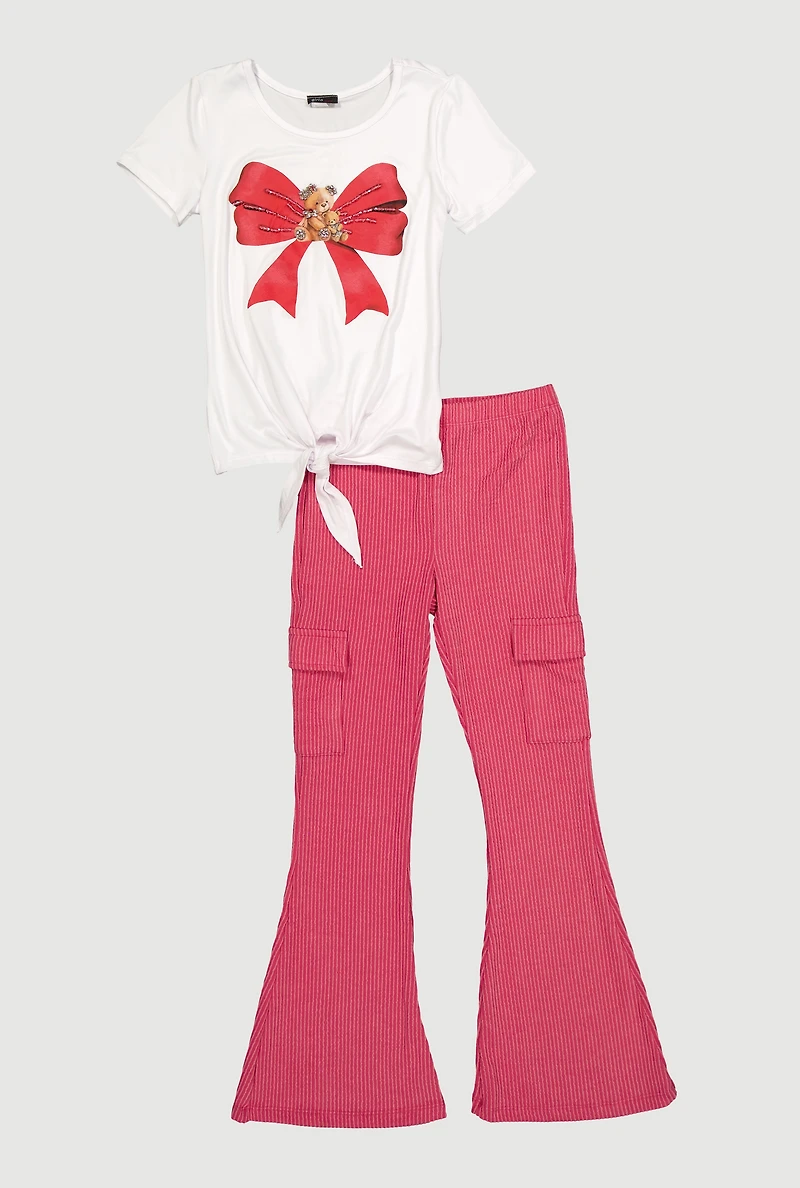 Girls Bear Bow Graphic Tee and Cargo Flare Pants