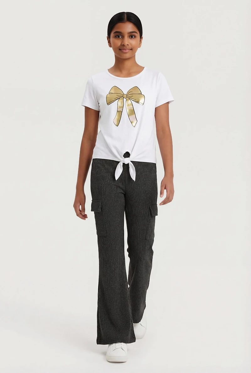 Girls Foil Screen Bow Graphic Tie Front Tee and Flare Pants