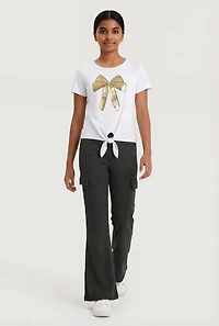 Girls Foil Screen Bow Graphic Tie Front Tee and Flare Pants