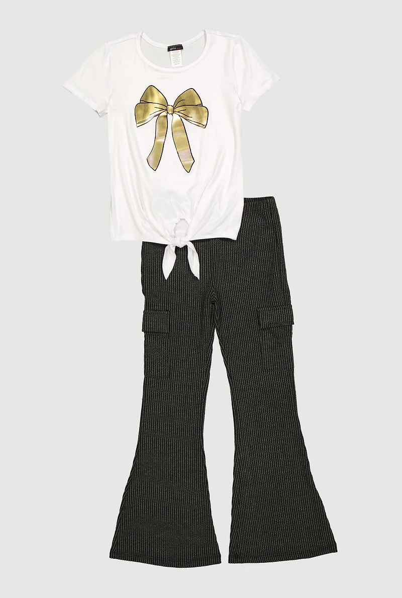 Girls Foil Screen Bow Graphic Tie Front Tee and Flare Pants