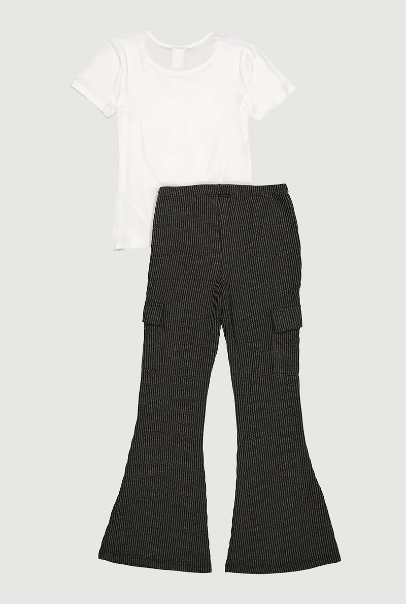 Girls Foil Screen Bow Graphic Tie Front Tee and Flare Pants