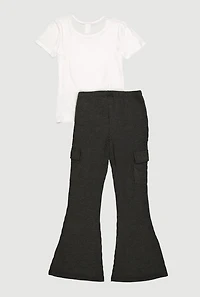 Girls Foil Screen Bow Graphic Tie Front Tee and Flare Pants