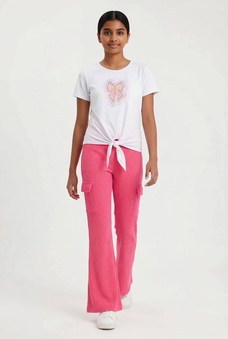 Girls Rhinestone Bow Tie Front Tee and Flare Pants