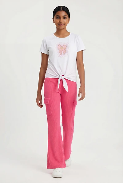 Girls Rhinestone Bow Tie Front Tee and Flare Pants