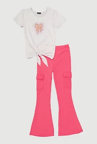 Girls Rhinestone Bow Tie Front Tee and Flare Pants