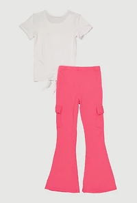 Girls Rhinestone Bow Tie Front Tee and Flare Pants