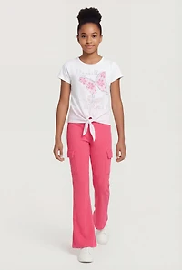 Girls Rhinestone Butterfly Tie Front Tee and Flare Pants