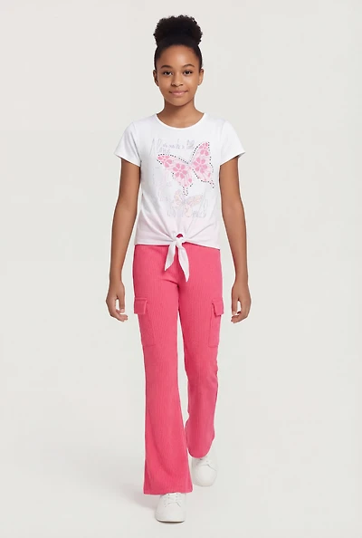 Girls Rhinestone Butterfly Tie Front Tee and Flare Pants