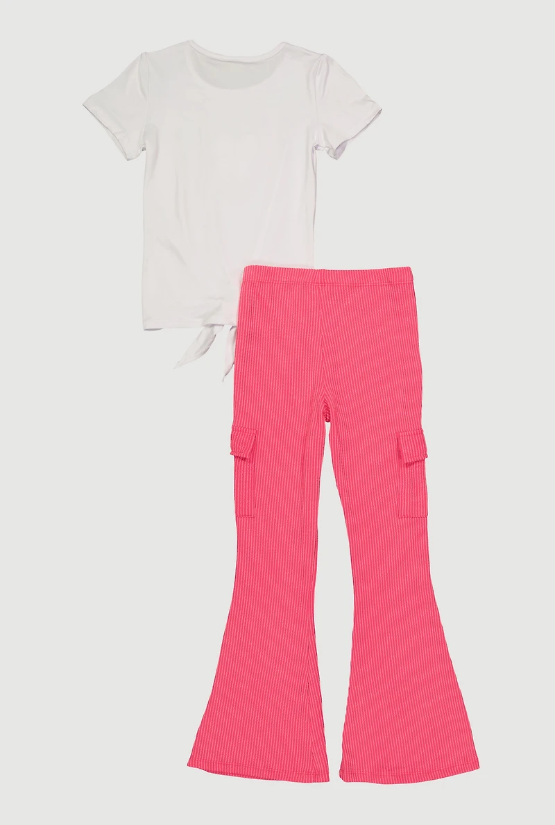 Girls Rhinestone Butterfly Tie Front Tee and Flare Pants