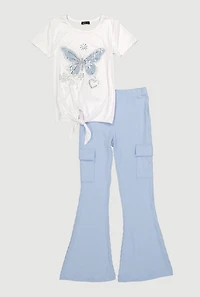 Girls Rhinestone Butterfly Graphic Tee and Cargo Flare Pants