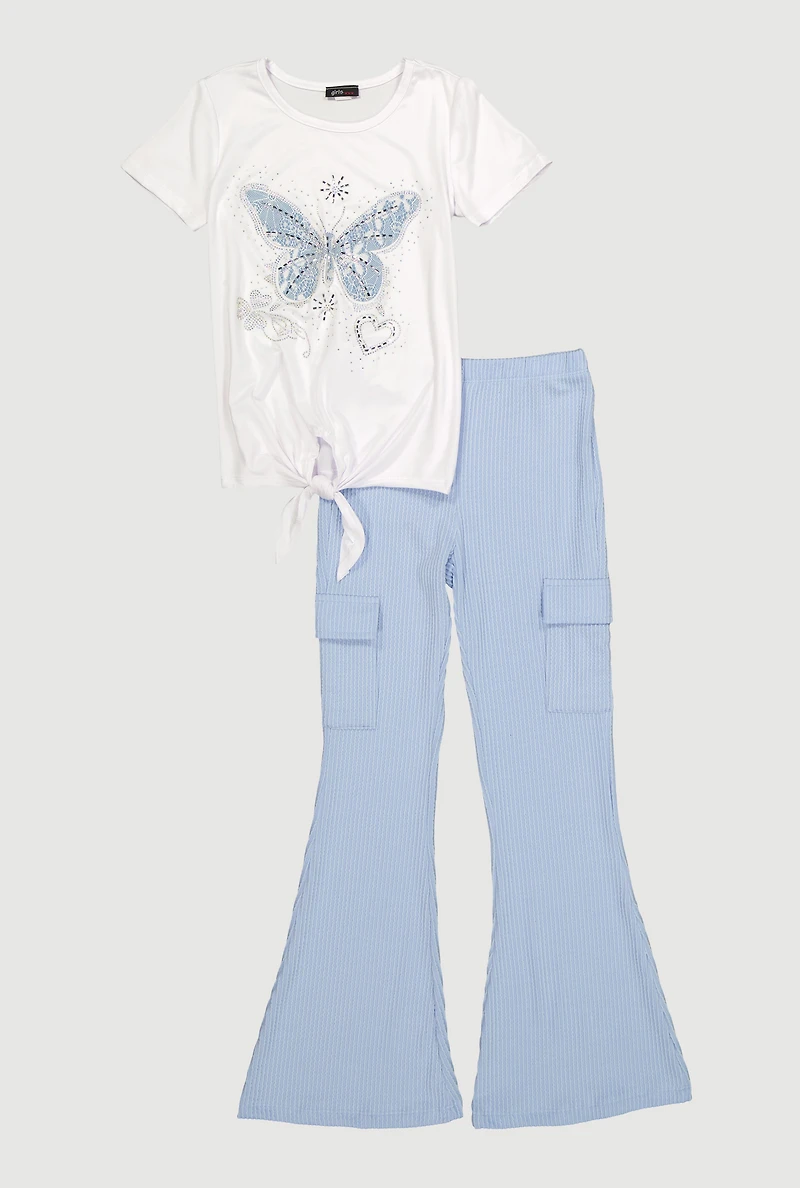 Girls Rhinestone Butterfly Graphic Tee and Cargo Flare Pants