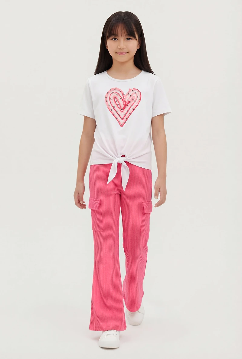 Girls Rhinestone Crochet Heart Tie Front Tee and Flare Pants