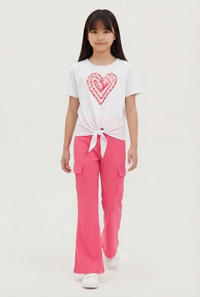 Girls Rhinestone Crochet Heart Tie Front Tee and Flare Pants