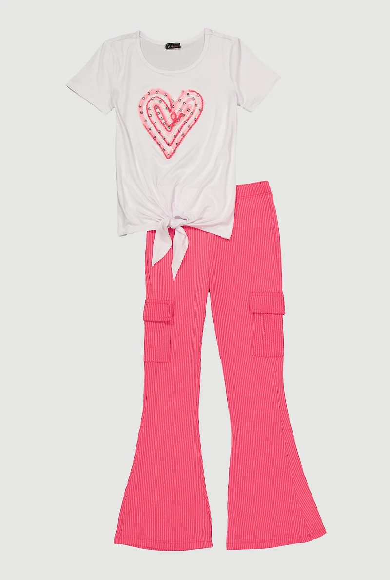 Girls Rhinestone Crochet Heart Tie Front Tee and Flare Pants