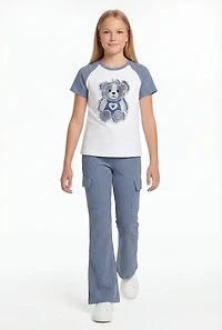 Girls Frayed Denim Bear Patch Graphic Tee and Cargo Pants
