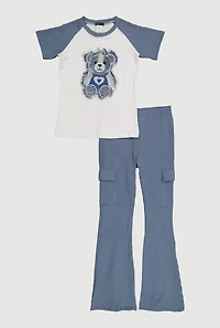 Girls Frayed Denim Bear Patch Graphic Tee and Cargo Pants