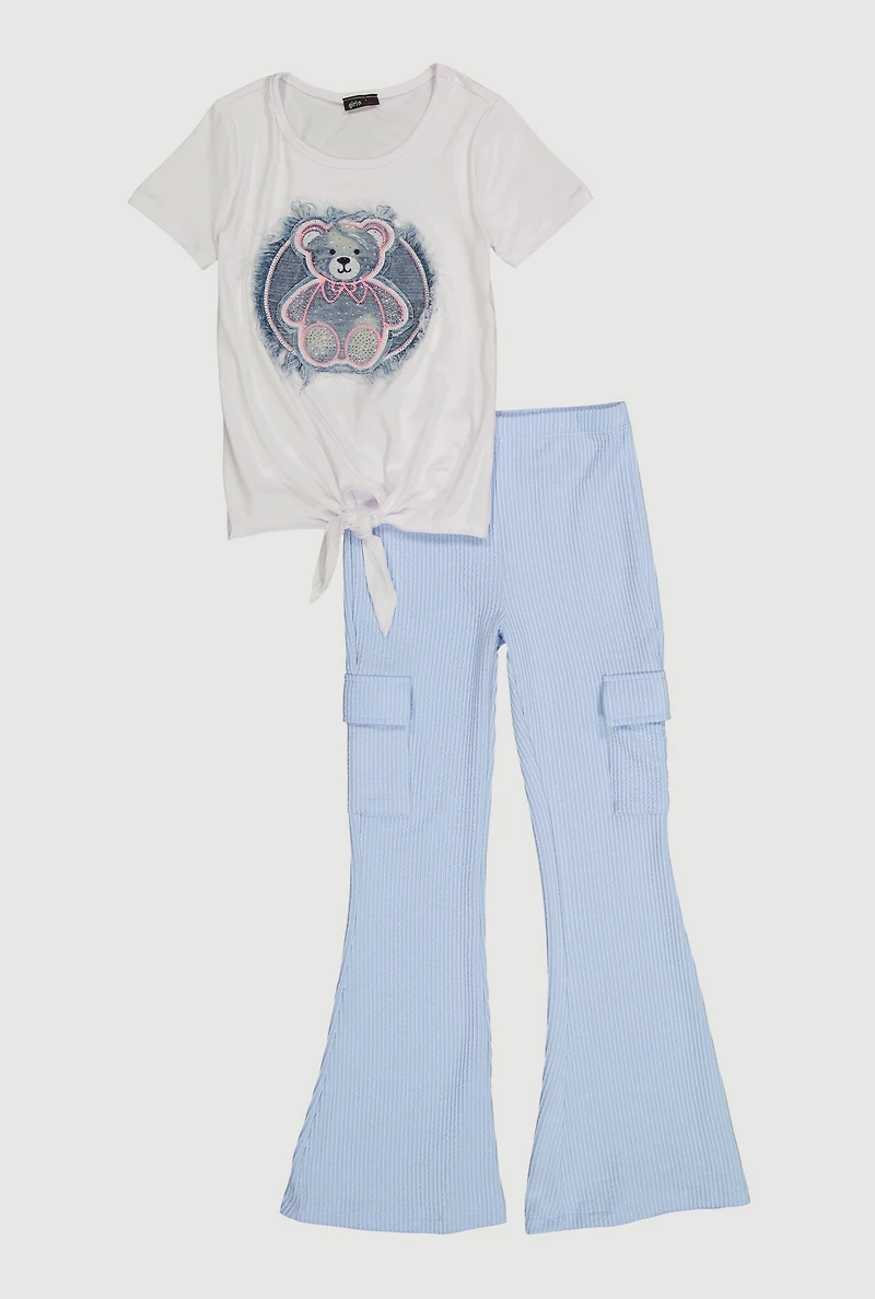 Girls Bear Graphic Tie Front Tee and Cargo Flare Pants