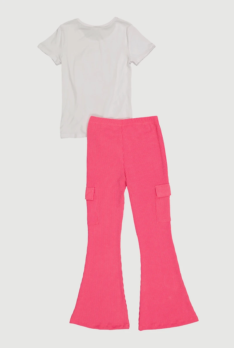 Girls Bear Graphic Tie Front Tee and Cargo Flare Pants