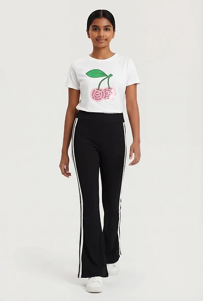 Girls Cherry Graphic Tee and Side Stripe Flare Pants