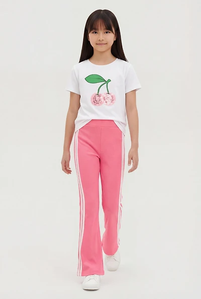 Girls Cherry Graphic Tee and Side Stripe Flare Pants