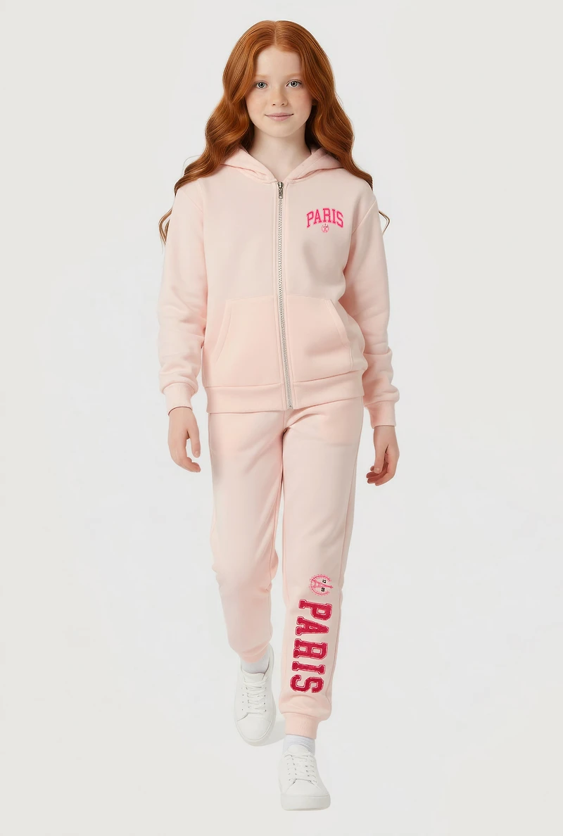 Girls Paris 1789 Graphic Zip Front Hoodie and Sweatpants Set, Pink, Size 7-8