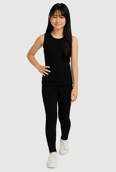 Girls Ribbed Knit Seamless Tank Top and Leggings Set, Black, Size 10-12
