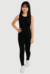 Girls Ribbed Knit Seamless Tank Top and Leggings Set, Black, Size 14-16