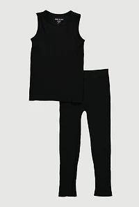 Girls Ribbed Knit Seamless Tank Top and Leggings Set, Black, Size 7-8