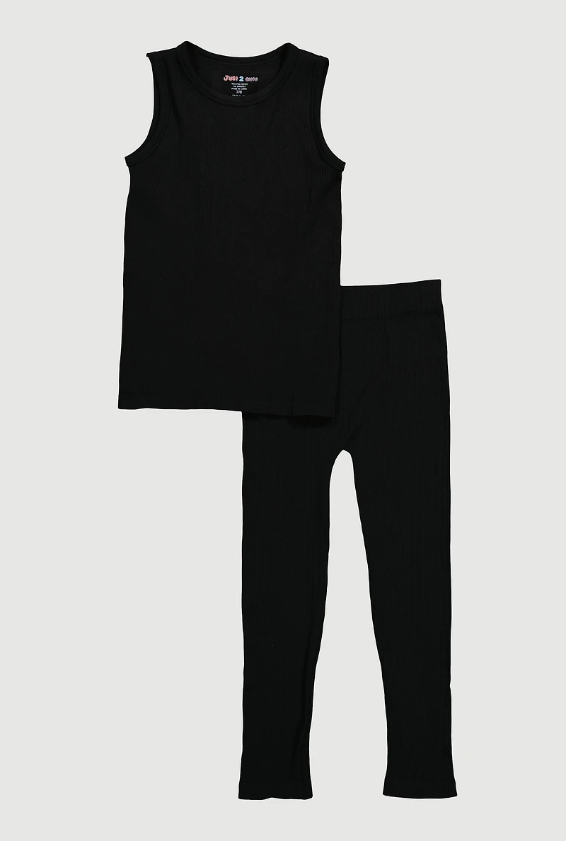 Girls Ribbed Knit Seamless Tank Top and Leggings Set,