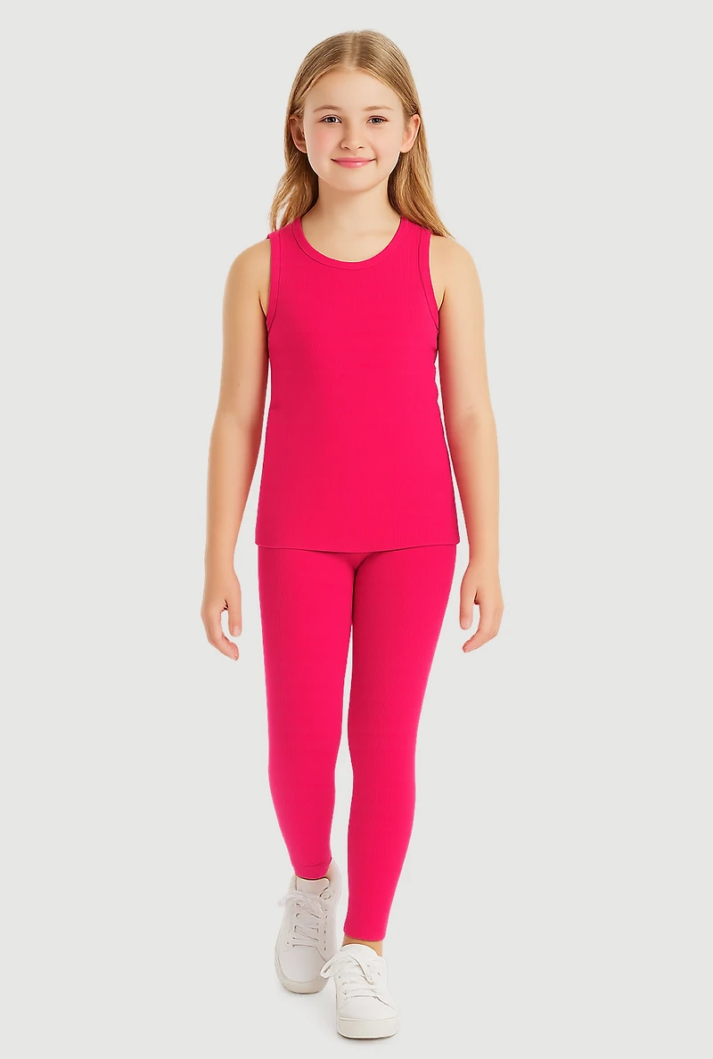 Girls Ribbed Knit Seamless Tank Top and Leggings Set
