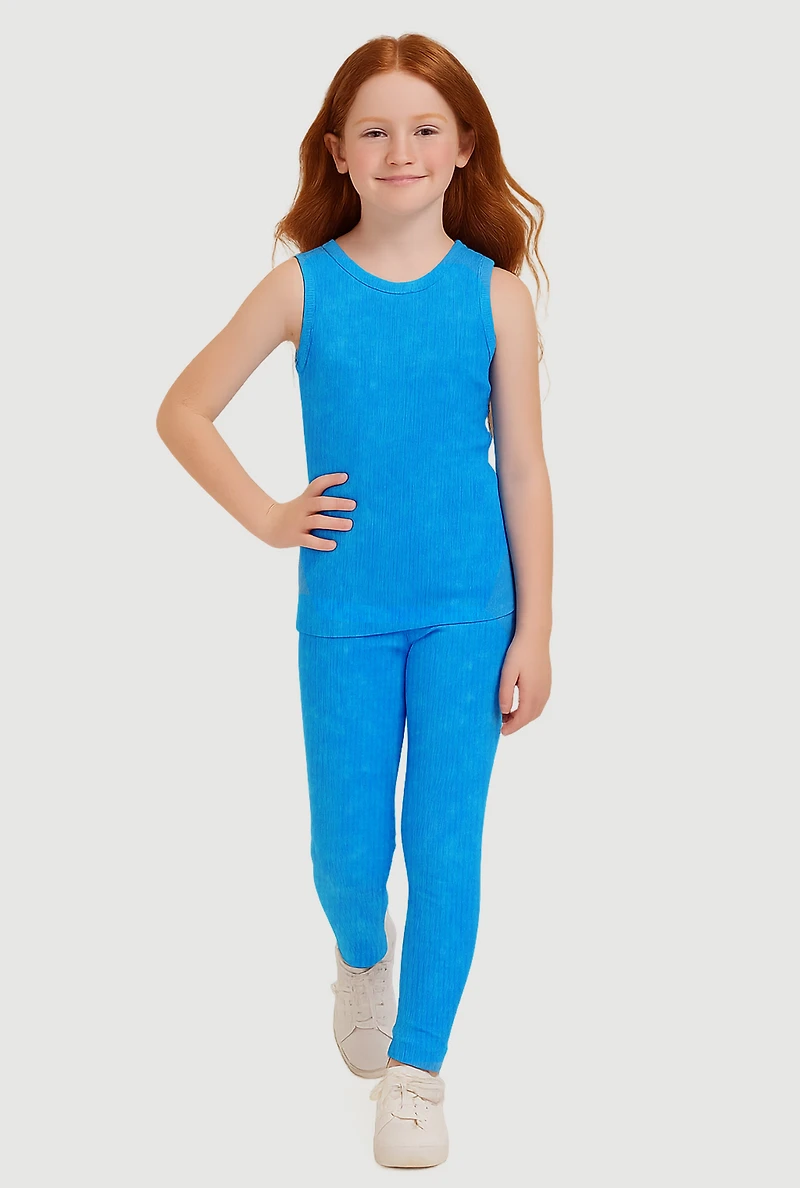 Girls Ribbed Knit Seamless Tank Top and Leggings 2 Piece Set, Blue, Size 10-12