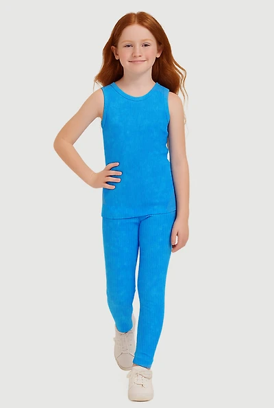 Girls Ribbed Knit Seamless Tank Top and Leggings 2 Piece Set, Blue, Size 10-12