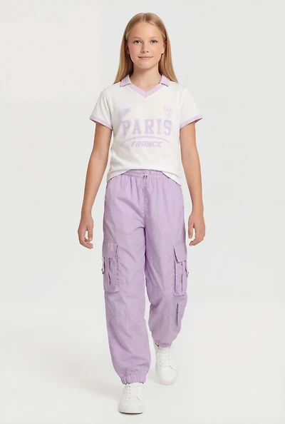 Girls Paris France Polo Top and Parachute Cargo Joggers