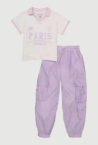 Girls Paris France Polo Top and Parachute Cargo Joggers