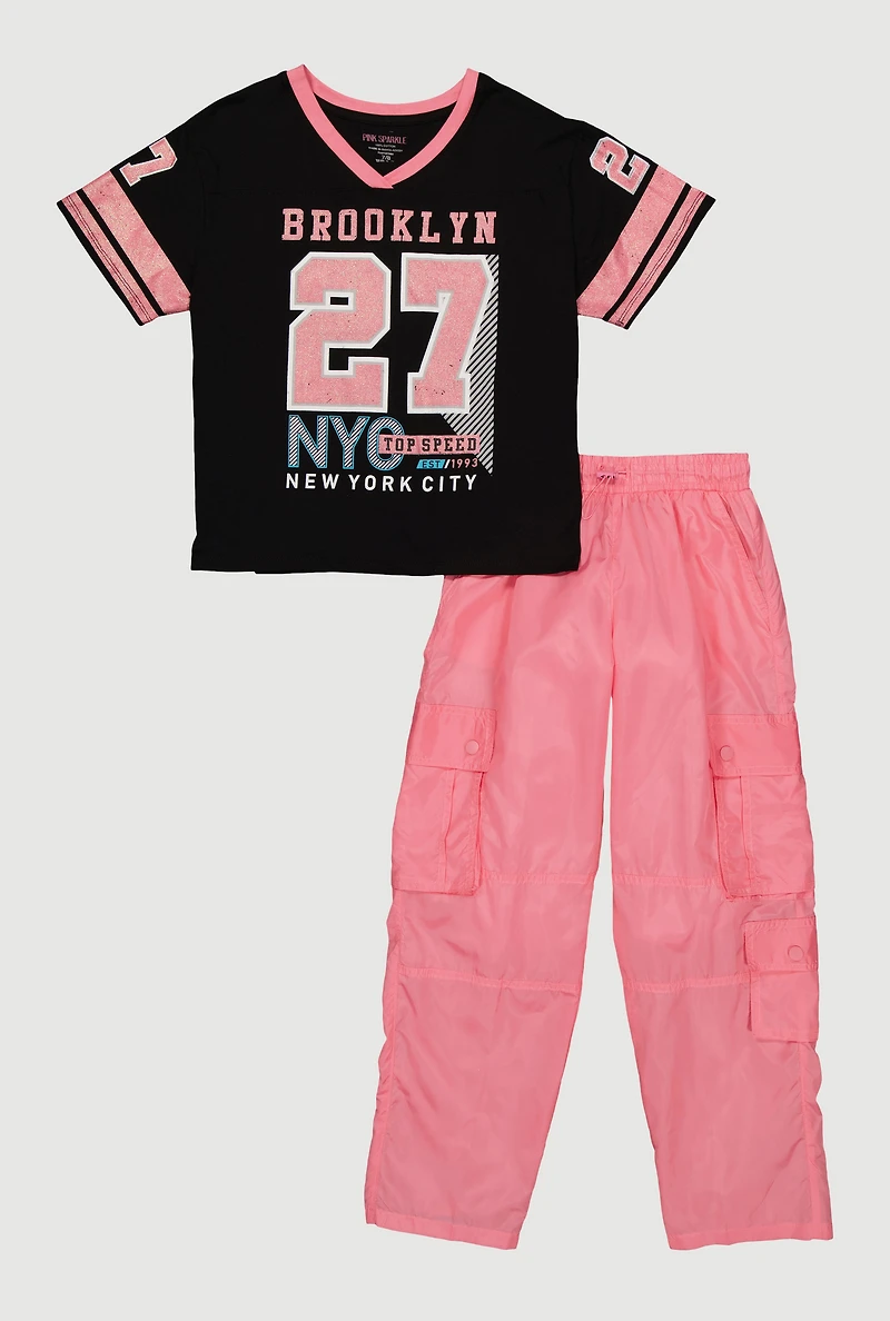 Girls Brooklyn 27 Graphic Tee and Nylon Cargo Pants Set