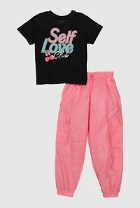 Girls Self Love Club Tee and Cargo Parachute Joggers