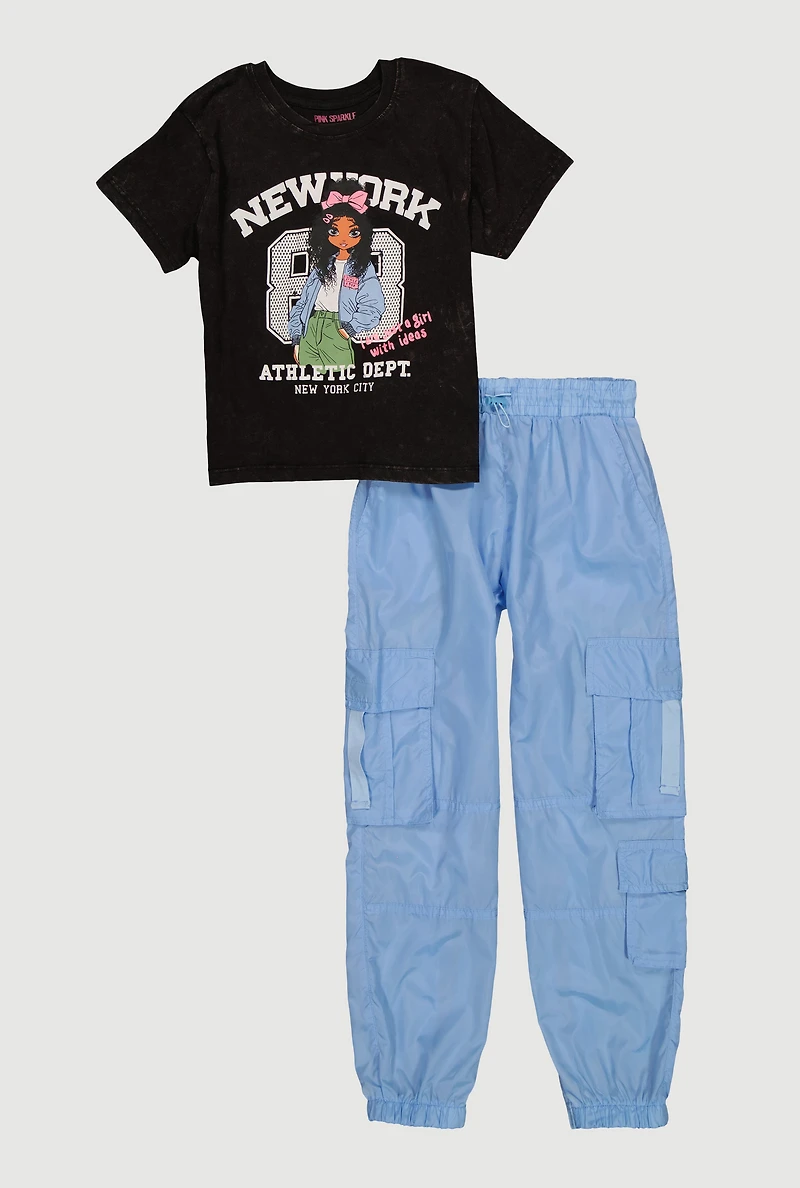 Girls New York Graphic Tee and Cargo Parachute Joggers