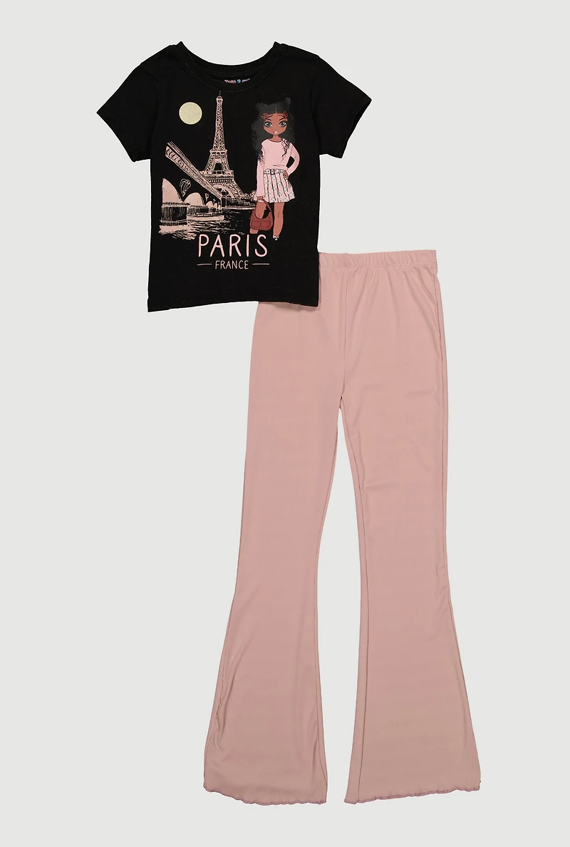 Girls Paris France Graphic Tee and Flare Pants, Pink, Size 10-12