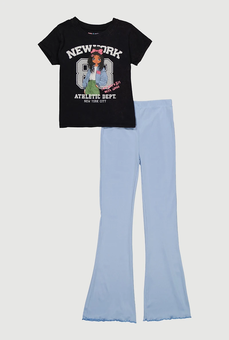 Girls Mineral Wash New York Graphic Tee and Flare Pants